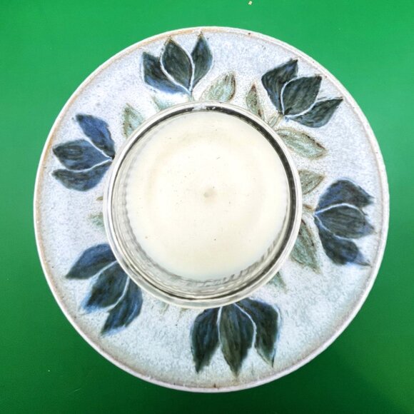 VTG Signed Studio Pottery Candle Dish 2000 Blue Floral Hand Painted Stoneware - Picture 10 of 11